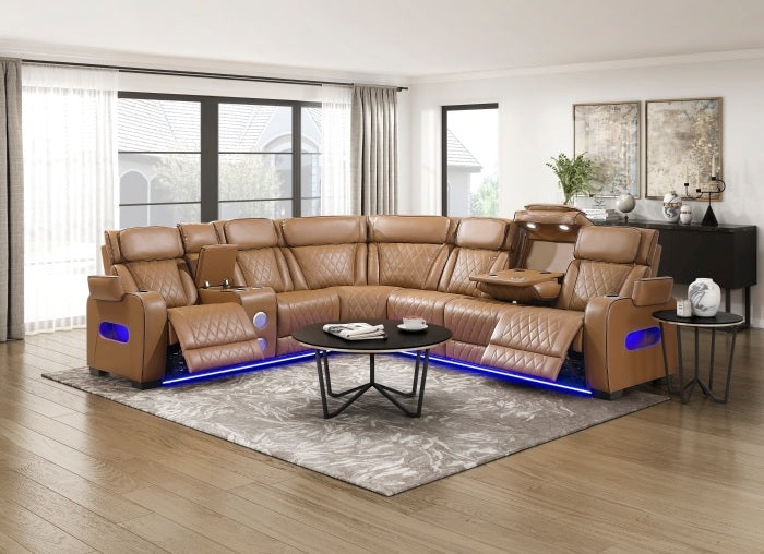 Homelegance 9516BRWS-32LCN3RPWH 3 pc Bastrop fortuner brown faux leather sectional sofa with power motion recliners LED lighting