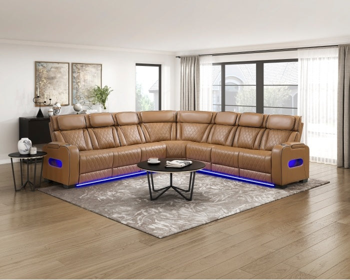 Homelegance 9516BRWS-33L3RPWH 3 pc Bastrop fortuner brown faux leather sectional sofa with power motion recliners LED lighting