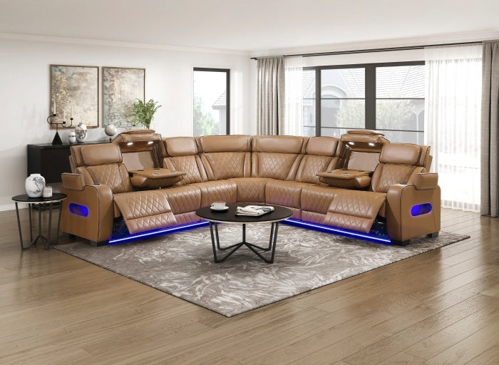 Homelegance 9516BRWS-33L3RPWH 3 pc Bastrop fortuner brown faux leather sectional sofa with power motion recliners LED lighting