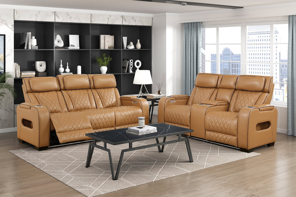 Homelegance 9516BRW-2PWH 2 pc Fairway tan breathable faux leather power motion sofa and love seat set USB LED