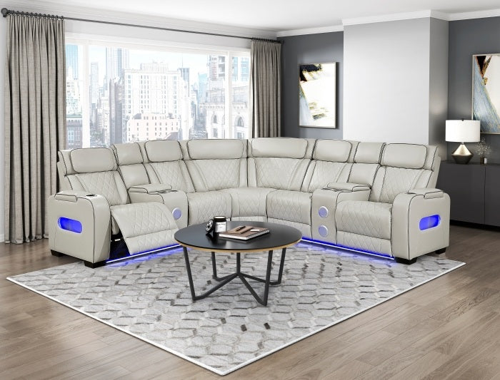 Homelegance 9516TPES-32LCN2RCNPWH 3 pc Bastrop fortuner taupe faux leather sectional sofa with power motion recliners LED lighting