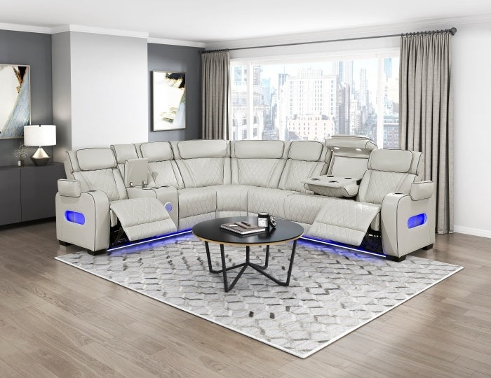 Homelegance 9516TPES-32LCN3RPWH 3 pc Bastrop fortuner taupe faux leather sectional sofa with power motion recliners LED lighting