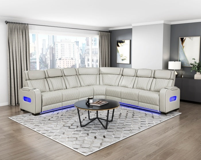 Homelegance 9516TPES-33L3RPWH 3 pc Bastrop fortuner taupe faux leather sectional sofa with power motion recliners LED lighting