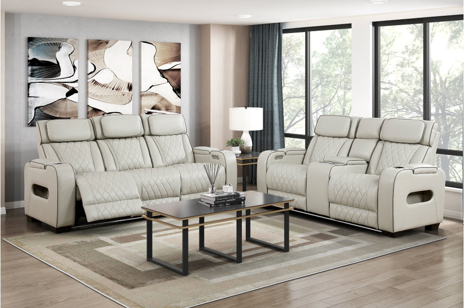 Homelegance 9516TPE-2PWH 2 pc Fairway taupe breathable faux leather power motion sofa and love seat set USB LED