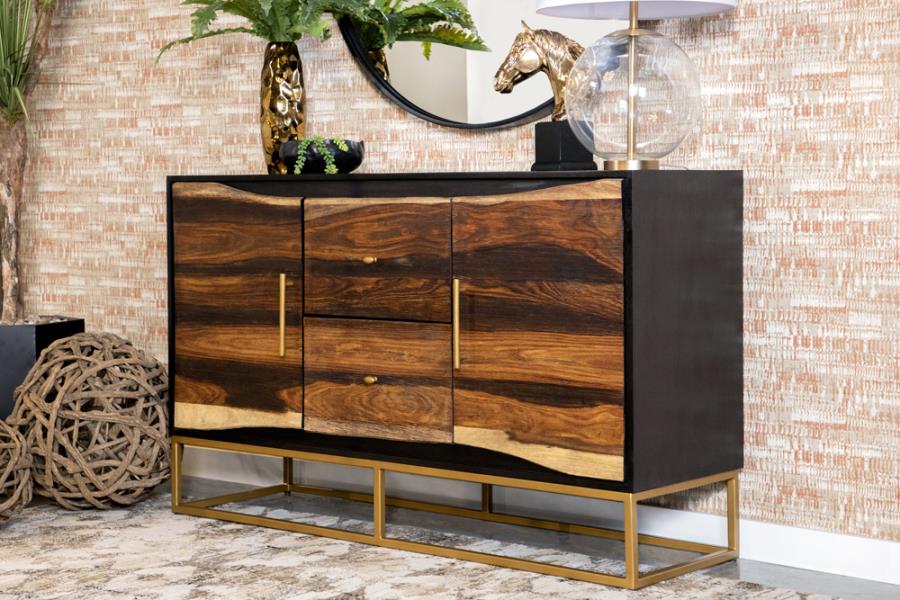 Coaster 953466 Everly quinn auriga black walnut finish wood server buffet cabinet gold frame legs