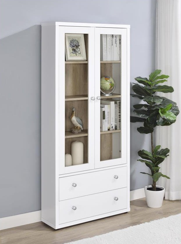 Coaster 953477 Hawthorne white rustic finish wood curio cabinet with 2 doors and 2 drawers