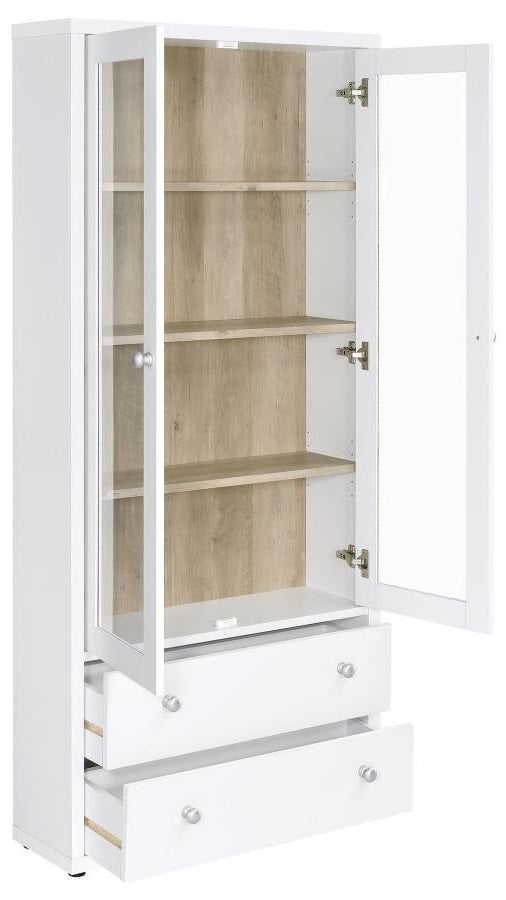 Coaster 953477 Hawthorne white rustic finish wood curio cabinet with 2 doors and 2 drawers