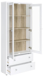 Coaster 953477 Hawthorne white rustic finish wood curio cabinet with 2 doors and 2 drawers
