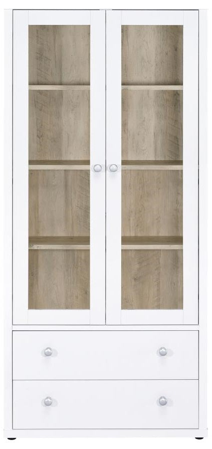 Coaster 953477 Hawthorne white rustic finish wood curio cabinet with 2 doors and 2 drawers