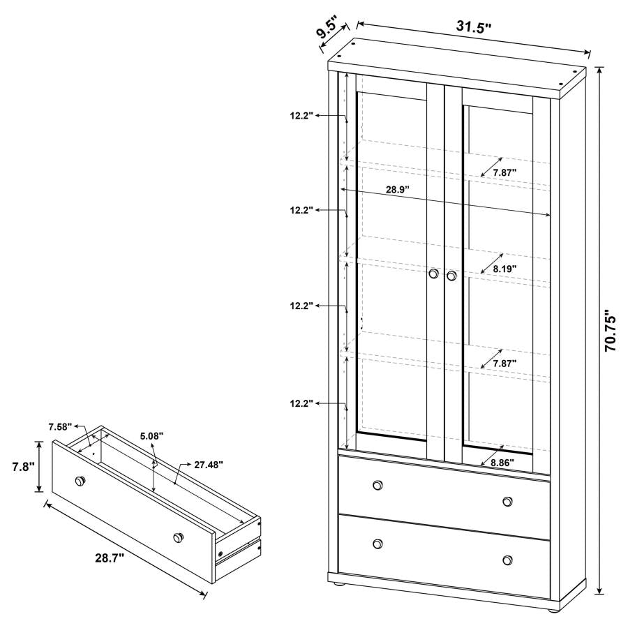 Coaster 953477 Hawthorne white rustic finish wood curio cabinet with 2 doors and 2 drawers