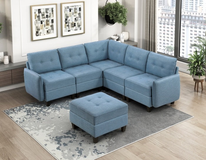 Homelegance 9557BUE-6SCOT  6 pc Garren blue textured fabric modular sectional sofa storage under seat and storage ottoman