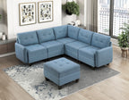 Homelegance 9557BUE-6SCOT  6 pc Garren blue textured fabric modular sectional sofa storage under seat and storage ottoman