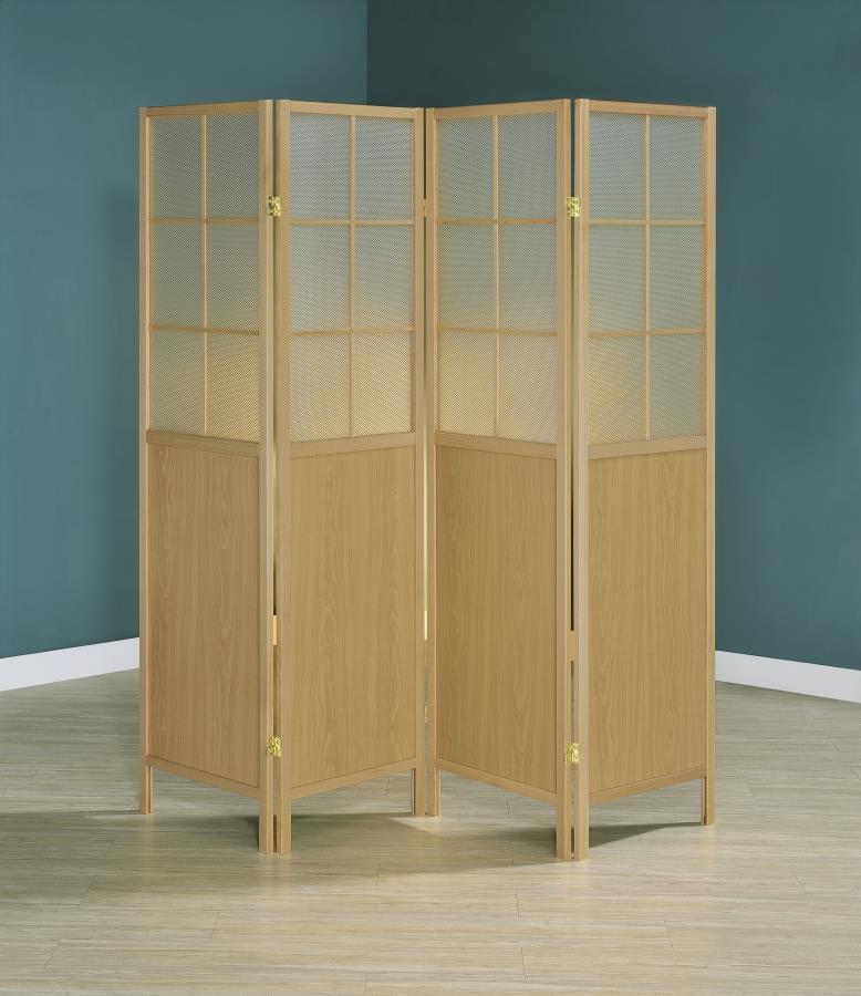 Coaster 960123 Mattison 4 panel natural finish wood room divider shoji screen upper grid opaque panels