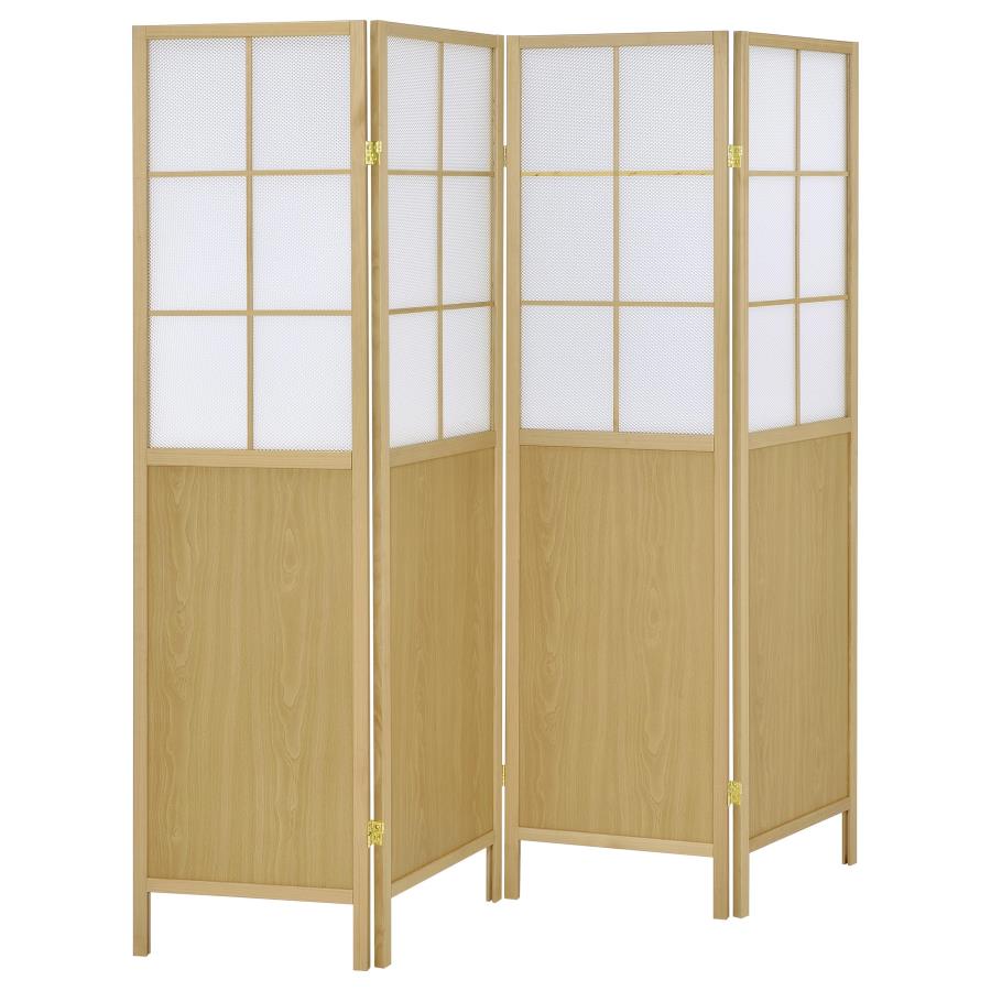 Mattison 4-Panel Natural Wood Shoji Screen Room Divider with Grid Opaque Panels – 960123