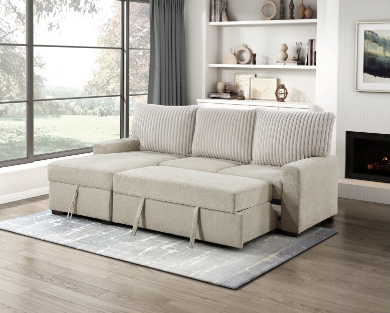 Homelegance 9605BE-2LCRL 2 pc Gallatin beige boucle / corduroy fabric sectional sofa pop up sleep area storage chaise