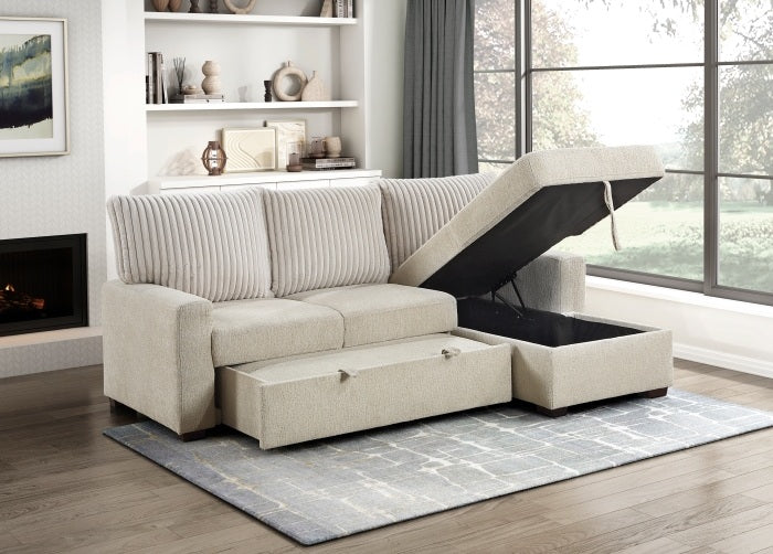 Homelegance 9605BE-22LRC 2 pc Gallatin beige boucle / corduroy fabric sectional sofa pop up sleep area storage chaise