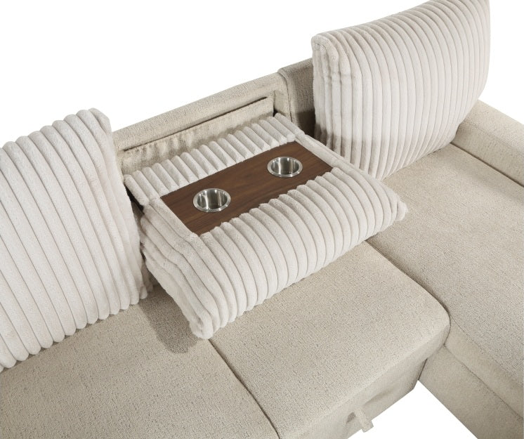 Homelegance 9605BE-22LRC 2 pc Gallatin beige boucle / corduroy fabric sectional sofa pop up sleep area storage chaise