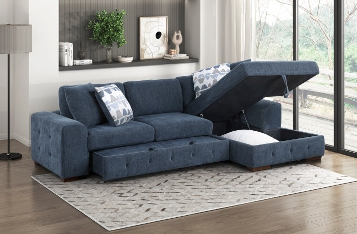 9624BU*22LRC Waitsfield blue chenille textured fabric sectional sofa with storage chaise and sleep area