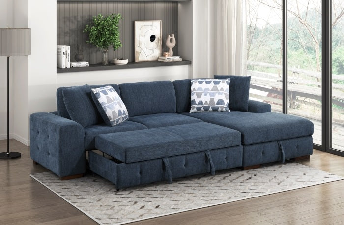 9624BU*22LRC Waitsfield blue chenille textured fabric sectional sofa with storage chaise and sleep area