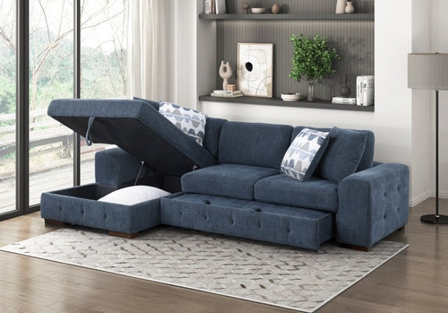 9624BU*2LC2R Waitsfield blue chenille textured fabric sectional sofa with storage chaise and sleep area left chaise