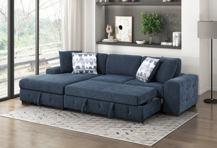 9624BU*2LC2R Waitsfield blue chenille textured fabric sectional sofa with storage chaise and sleep area left chaise