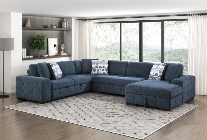 9624BU*42LRC 4 pc Waitsfield blue chenille textured fabric sectional sofa with storage chaise and sleep area right chaise
