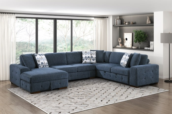 9624BU*42RLC 4 pc Waitsfield blue chenille textured fabric sectional sofa with storage chaise and sleep area left chaise