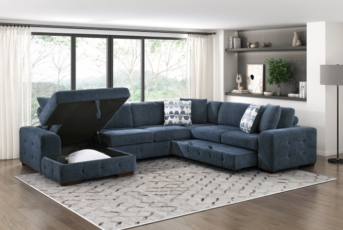 9624BU*42RLC 4 pc Waitsfield blue chenille textured fabric sectional sofa with storage chaise and sleep area left chaise