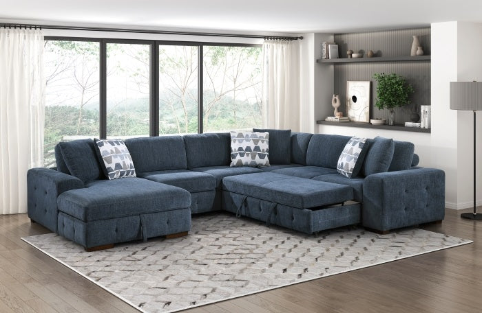 9624BU*42RLC 4 pc Waitsfield blue chenille textured fabric sectional sofa with storage chaise and sleep area left chaise