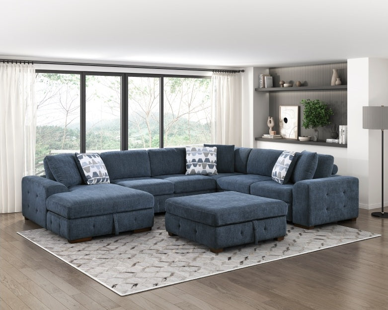 9624BU*42RLC 4 pc Waitsfield blue chenille textured fabric sectional sofa with storage chaise and sleep area left chaise