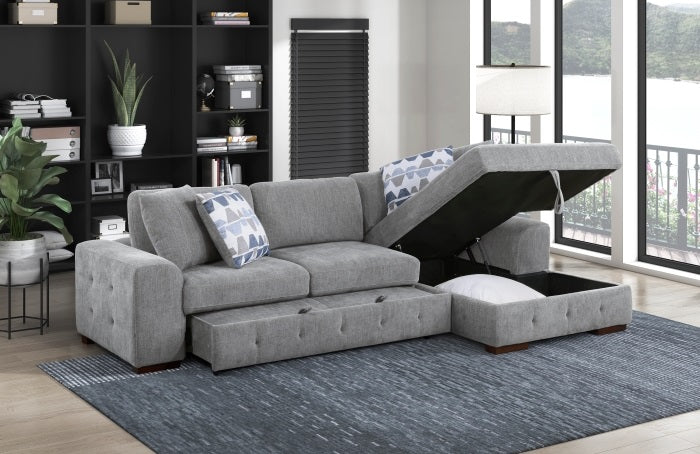9624GY*22LRC Waitsfield light gray textured fabric sectional sofa with storage chaise and sleep area
