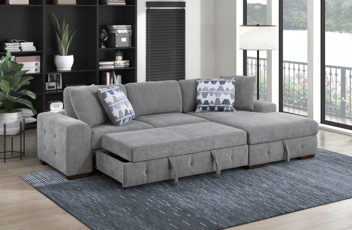 9624GY*22LRC Waitsfield light gray textured fabric sectional sofa with storage chaise and sleep area