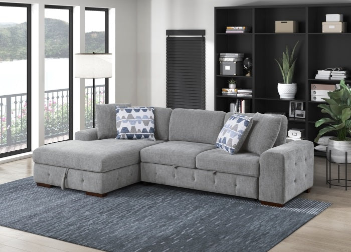 9624GY*2LC2R Waitsfield light grey chenille textured fabric sectional sofa with storage chaise and sleep area left chaise