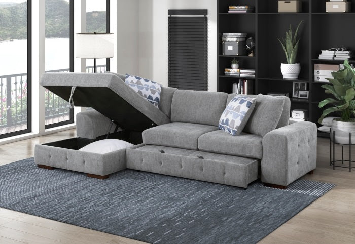 9624GY*2LC2R Waitsfield light grey chenille textured fabric sectional sofa with storage chaise and sleep area left chaise