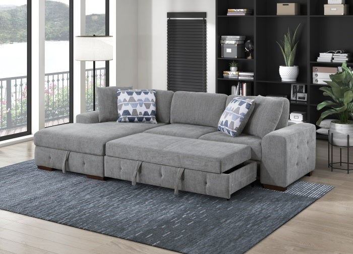 9624GY*2LC2R Waitsfield light grey chenille textured fabric sectional sofa with storage chaise and sleep area left chaise
