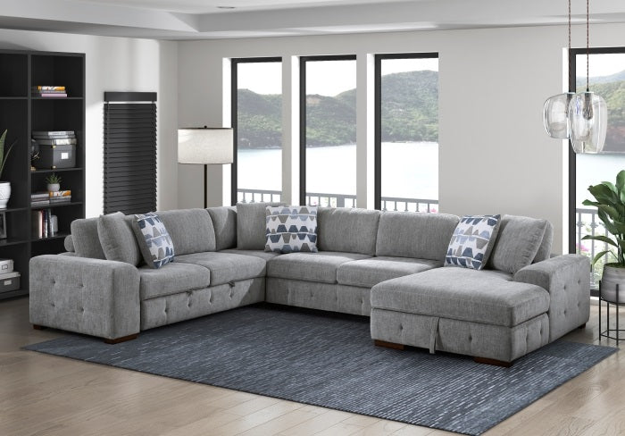 9624GY*42LRC 4 pc Waitsfield light grey chenille textured fabric sectional sofa with storage chaise and sleep area right chaise
