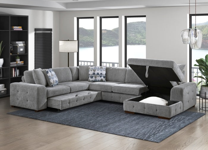 9624GY*42LRC 4 pc Waitsfield light grey chenille textured fabric sectional sofa with storage chaise and sleep area right chaise