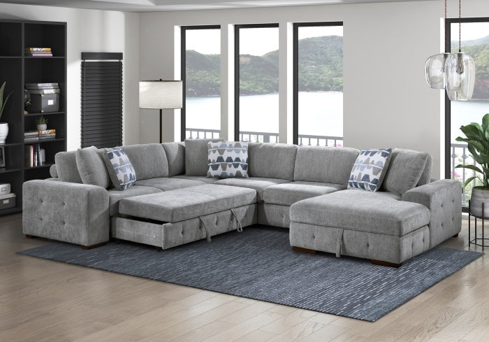 9624GY*42LRC 4 pc Waitsfield light grey chenille textured fabric sectional sofa with storage chaise and sleep area right chaise