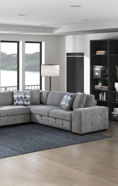 9624GY*42RLC 4 pc Waitsfield light grey chenille textured fabric sectional sofa with storage chaise and sleep area left chaise