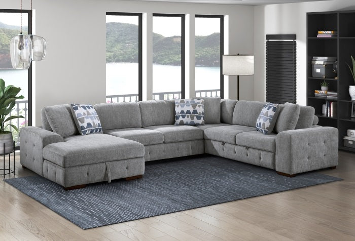 9624GY*42RLC 4 pc Waitsfield light grey chenille textured fabric sectional sofa with storage chaise and sleep area left chaise