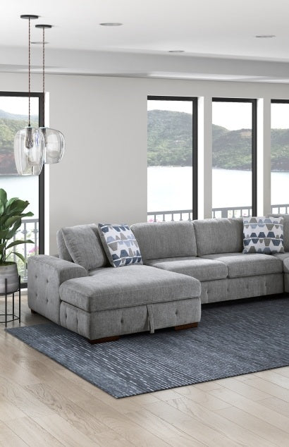 9624GY*42RLC 4 pc Waitsfield light grey chenille textured fabric sectional sofa with storage chaise and sleep area left chaise