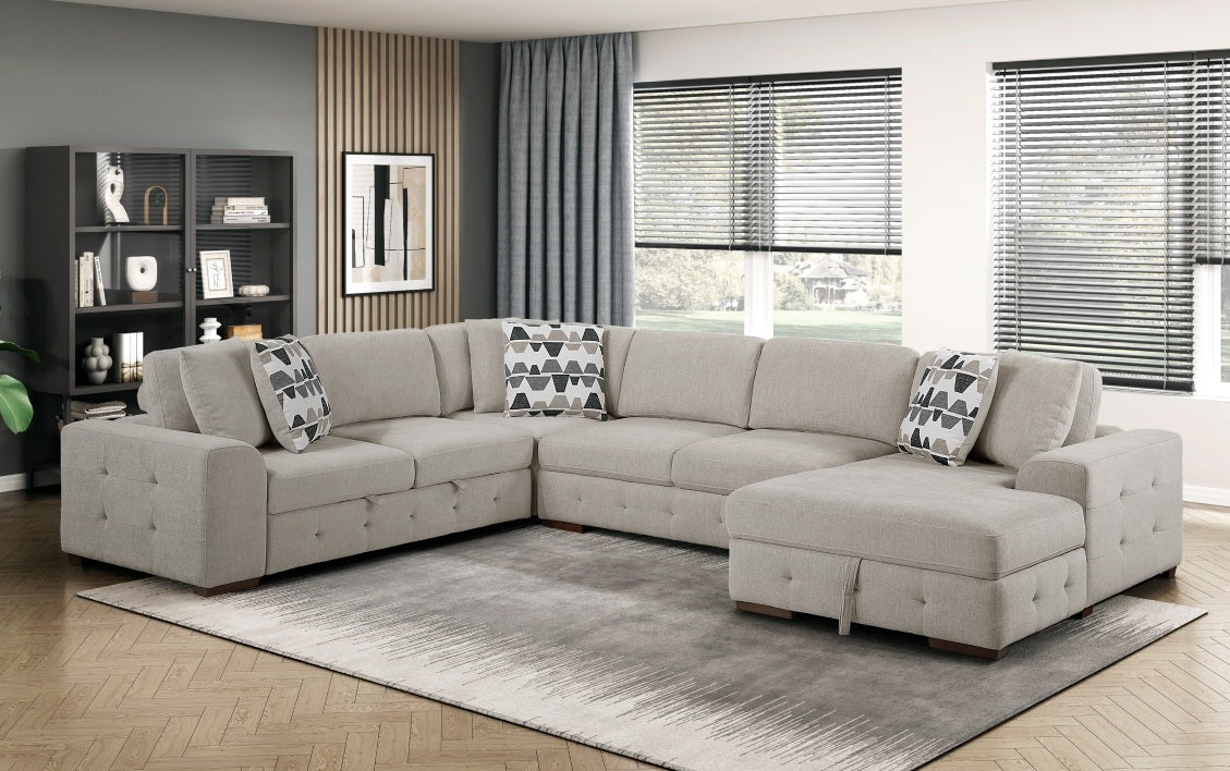 9624TP*42LRC 4 pc Waitsfield taupe chenille textured fabric sectional sofa with storage chaise and sleep area right chaise