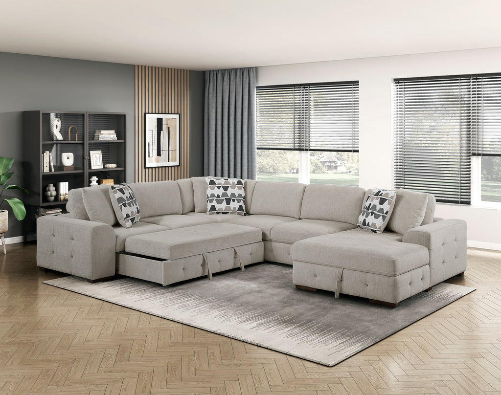 9624TP*42LRC 4 pc Waitsfield taupe chenille textured fabric sectional sofa with storage chaise and sleep area right chaise