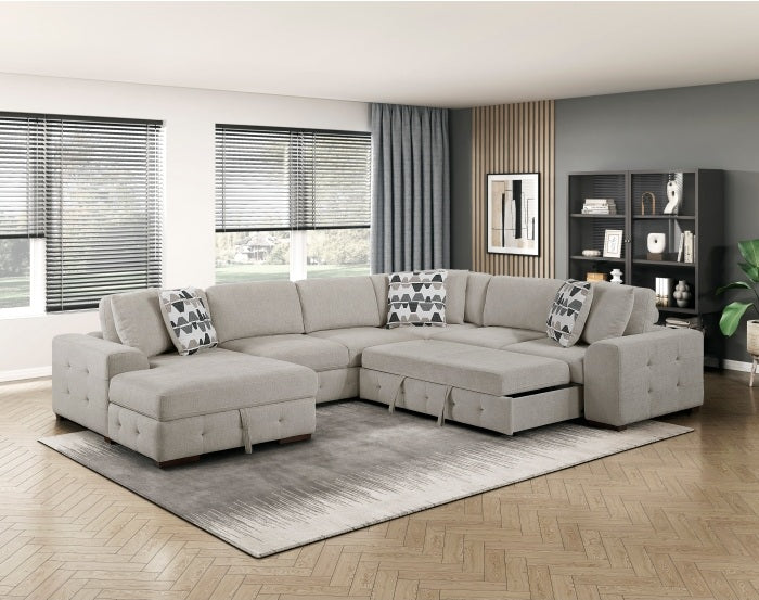 9624TP*42RLC 4 pc Waitsfield taupe chenille textured fabric sectional sofa with storage chaise and sleep area left chaise