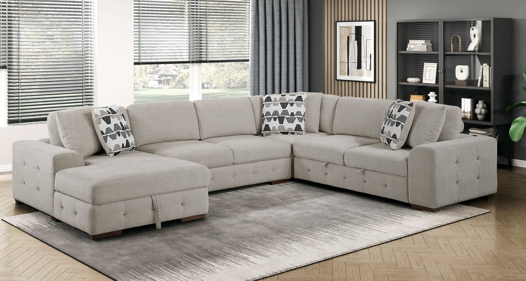 9624TP*42RLC 4 pc Waitsfield taupe chenille textured fabric sectional sofa with storage chaise and sleep area left chaise
