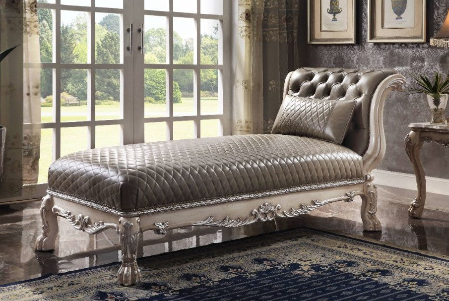 Acme 96275 Dresden vintage bone white finish wood faux leather chaise lounger