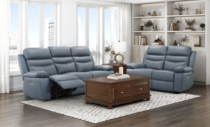 Homelegance 9628BUE-2PWH 2 pc Hancock blue top grain leather match power motion reclining sofa and love seat set