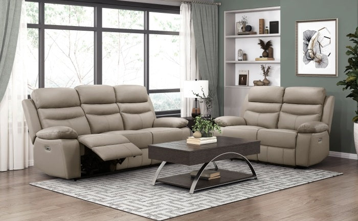 Homelegance 9628LTE-2PWH 2 pc Hancock latte top grain leather match power motion reclining sofa and love seat set