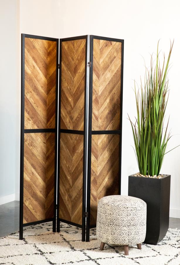 Coaster 962922 Foundstone adelina 3 panel black finish wood frame rustic tobacco herringbone panel room divider shoji screen