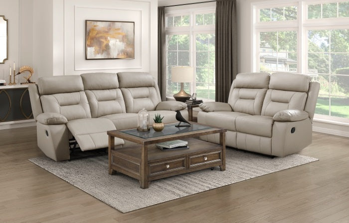 Homelegance 9629LTE-2PC 2 pc Laconia latte top grain leather match standard motion reclining sofa and love seat set